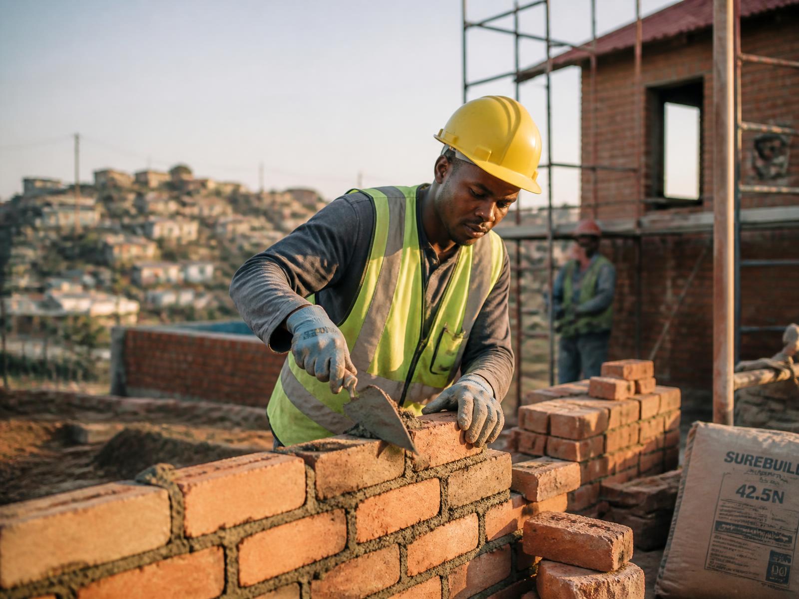 Bricklayer building a brick wall on a residential construction site