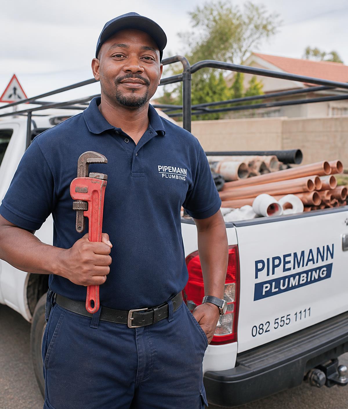 Plumber standing beside a work vehicle loaded with pipes